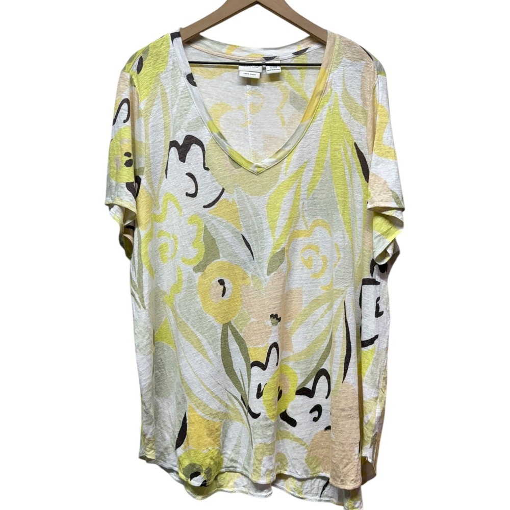 Rachel Zoe Women 2X Top Floral 100% Linen Short Sleeve Artsy Resortwear‎ Coastal